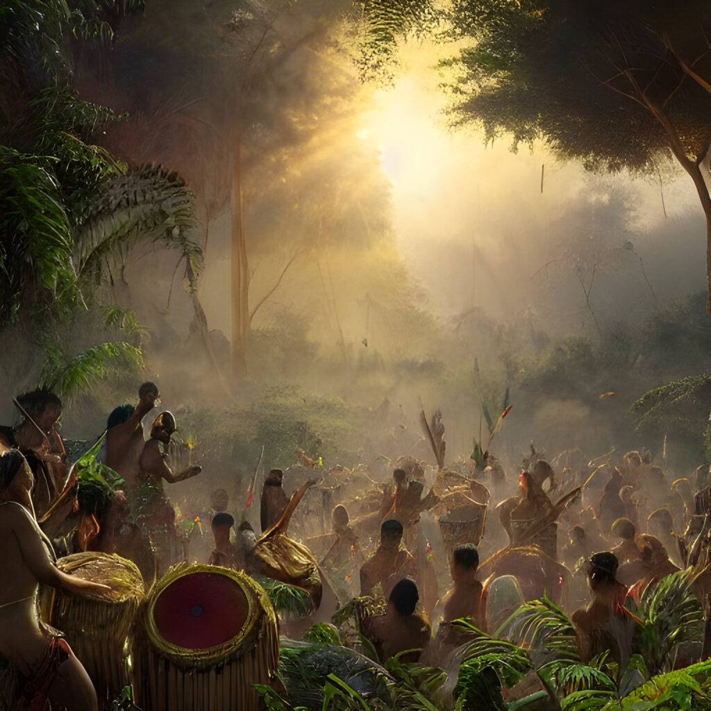 Ancient tribal people celebrating with music and loud sounds, dancing and singing together on their drum beats 